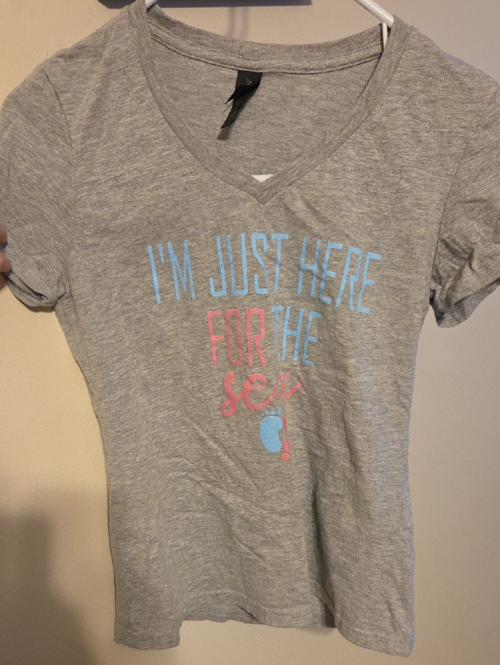 Gildan Gray V-Neck Tee with Blue and Pink Graphic